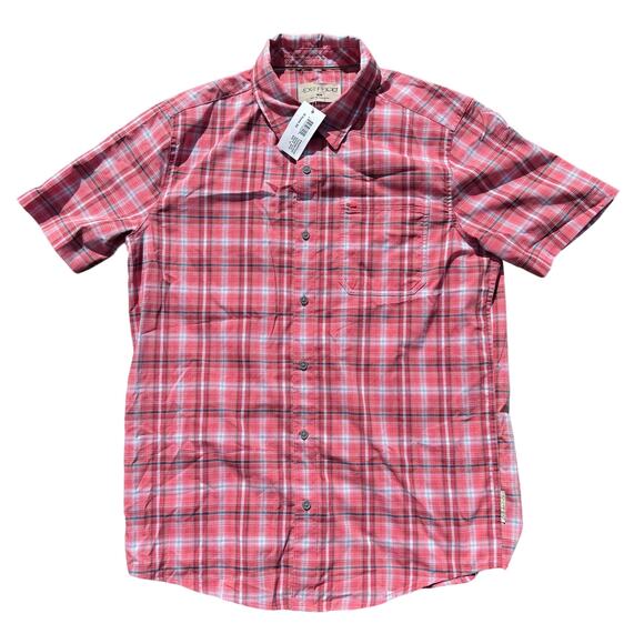 ExOfficio Keats Shirt Short Sleeves Button Up Plaid Spiced Coral Mens Medium NEW - Picture 2 of 10